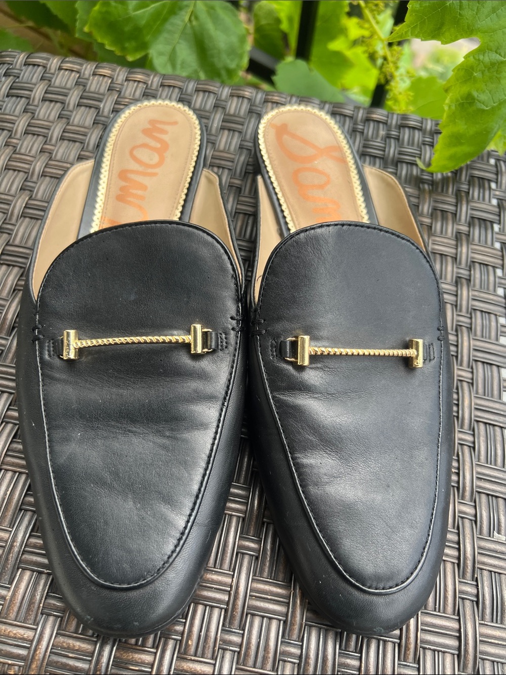 Sam Edelman Linnie Bit Mule Black Leather Slip-On Mules with Gold Bar Accent
